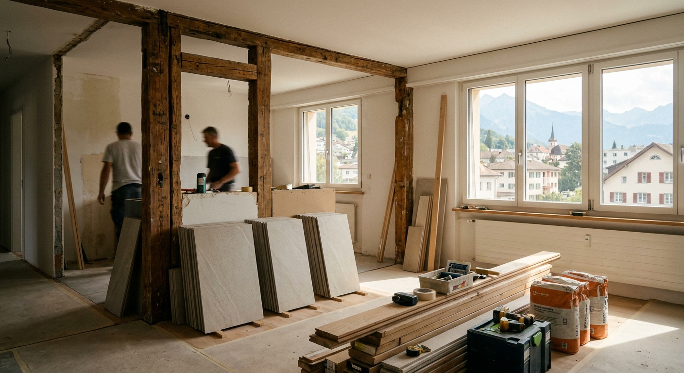Handwerkliche Umbauarbeiten in einem modernen Wohnraum mit offener Küchenzone